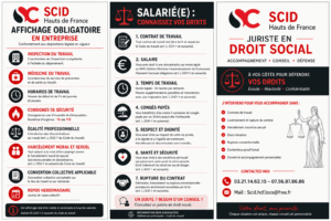 Le droit du travail Affiche juridique sur les droits des salariés, les obligations de l’employeur et le droit du travail.